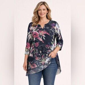 Jess‎ & Jane Floral High Low Tunic Top Black L